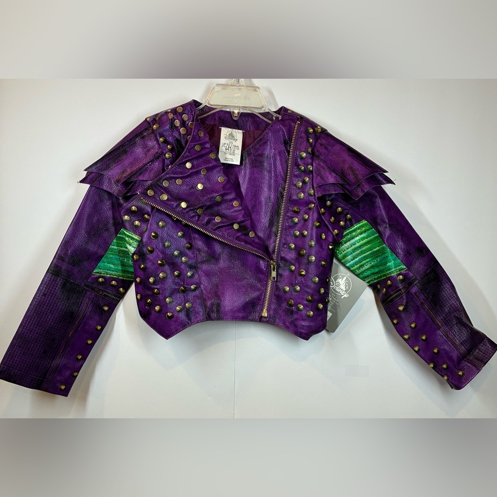 Disney Purple Studded Cropped Leather Moto Jacket with Gold Accents Size 5/6 NWT